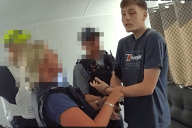 A screenshot from the police bodycam footage showing the arrest of 18-year-old Cohen Handley. Police say he "pleaded guilty to possession with intent to supply class A drugs - cocaine, when he appeared at Lincoln Magistrates' Court on 10 July 2026."