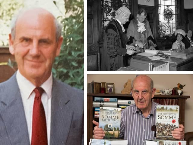 Three photographs of the late Martin Middlebrook, including, top right, one of him becoming Mayor of Boston in 1966 and, bottom right, ahead of a series of public talks in 2016, the 100th anniversary of the Battle of the Somme.