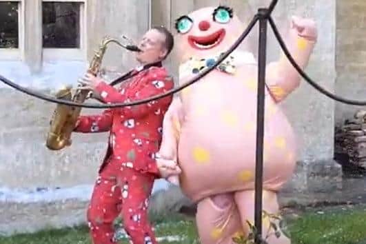 Mr Blobby larking about in the gardens of Rauceby Hall.