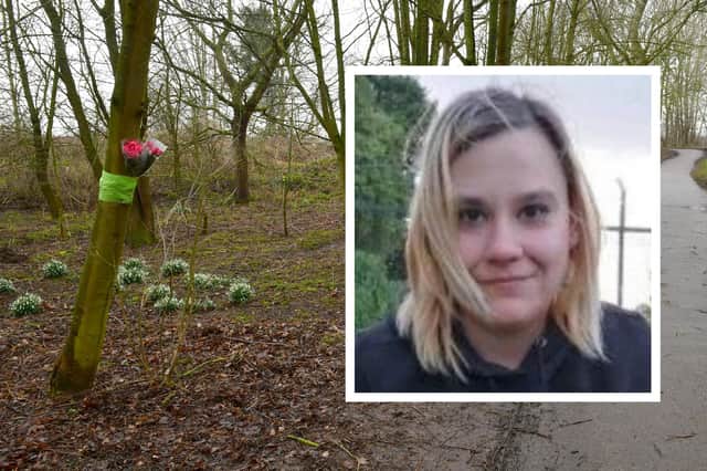 Ilona Golabek (inset) and flowers left at Witham Way Country Park where her remains were found.