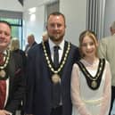 The new Skegness Town Mayor, Coun Dan Kirk (centre), with Deputy Mayor Coun Mark Dannatt, and Mayor's Consort, Hannah Kirk. Photos by Barry Robinson