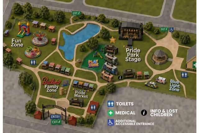 A map of the various attractions at this year's East Coast Pride event in Tower Gardens, Skegness.