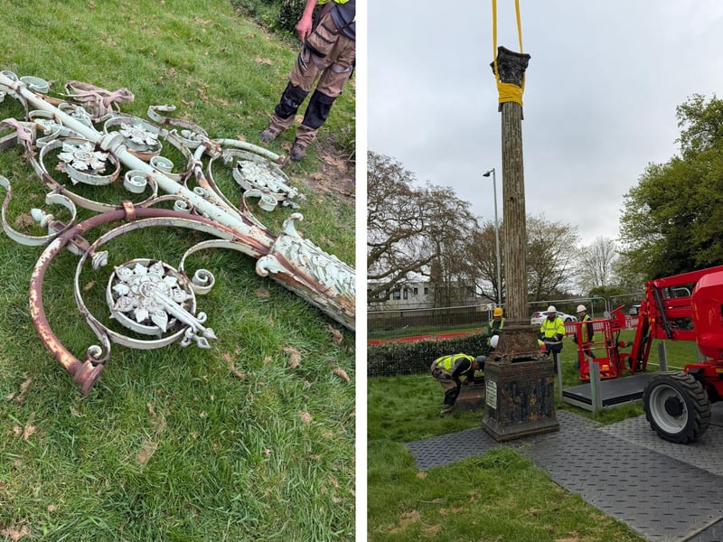 LEFT: A close-up of the top of the Five Lamps following its removal, showing the need for restoration work. RIGHT: The remainder of the Five Lamps still in place ... though not for long.
