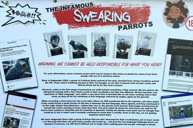 The disclaimer notice on the swearing parrots' enclosure at Lincolnshire Wildlife Park