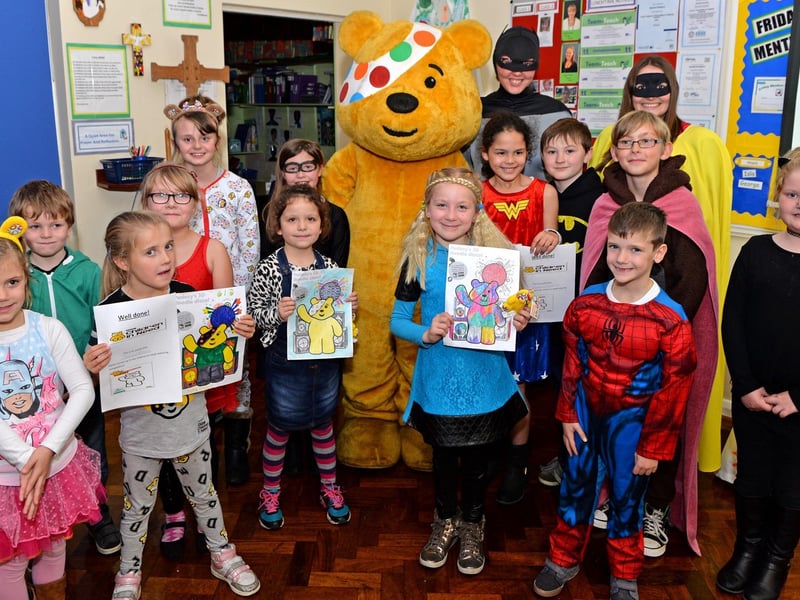 Holy Trinity Primary School, in Tattershall, marking Children in Need 2014 in the company of Pudsey Bear. That year, some £32.6 million was raised nationally for good causes.