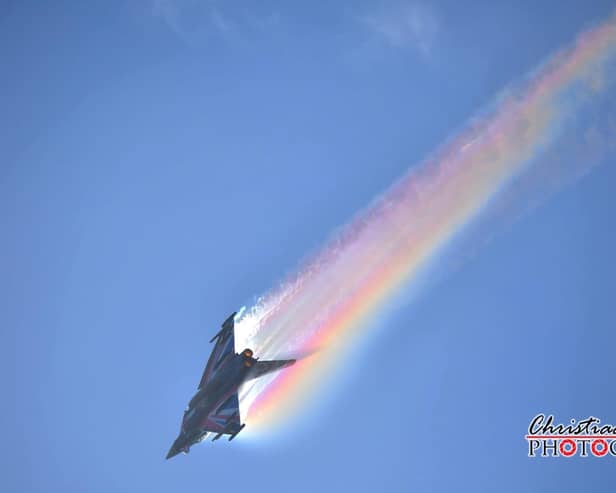Christiaan Lowe's stunning shot of one of the Typhoons in action with rainbow vapour trail.