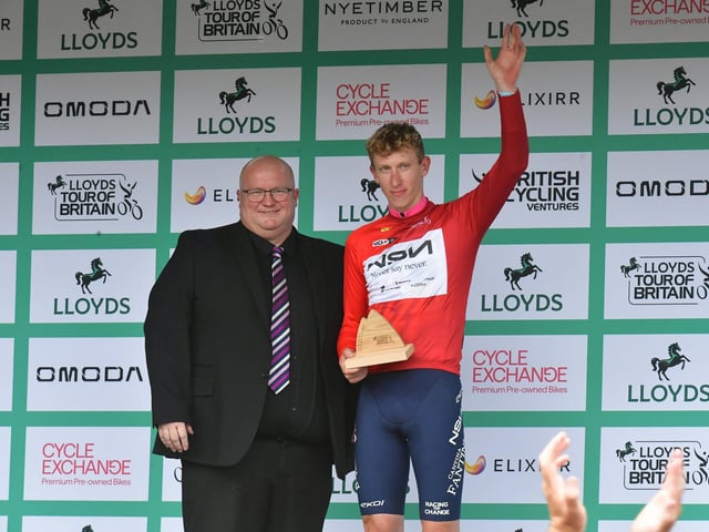 Coun Dale Broughton with NSN Cyling Team's British rider Lewis Askey.