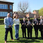 Headteacher Simon Porter; Head Girl Florence Williams; Year 7 students Emilia, Maisey, Nick and Thomas; Head Boy Joshua Nichols and Chair of Governors Tony Neal.