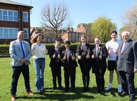 Headteacher Simon Porter; Head Girl Florence Williams; Year 7 students Emilia, Maisey, Nick and Thomas; Head Boy Joshua Nichols and Chair of Governors Tony Neal.
