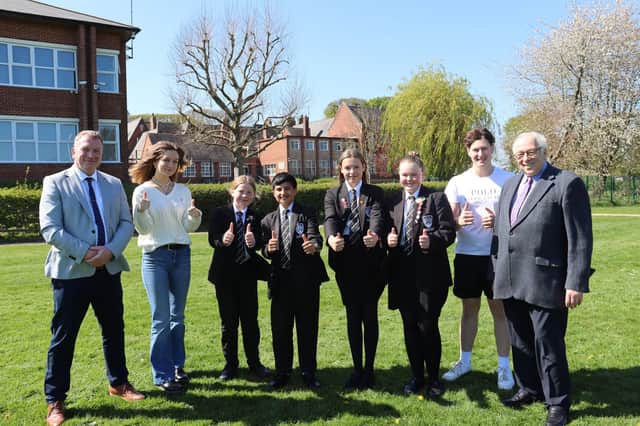 Headteacher Simon Porter; Head Girl Florence Williams; Year 7 students Emilia, Maisey, Nick and Thomas; Head Boy Joshua Nichols and Chair of Governors Tony Neal.