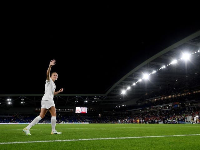 Leah Williamson enjoys the moment after England's victory.