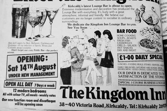 An advert for the launch of the Kingdom Inn, Victoria Road under new management.
All rooms came complete with colour TVs, while plans were in hand tgo add a discotheque...