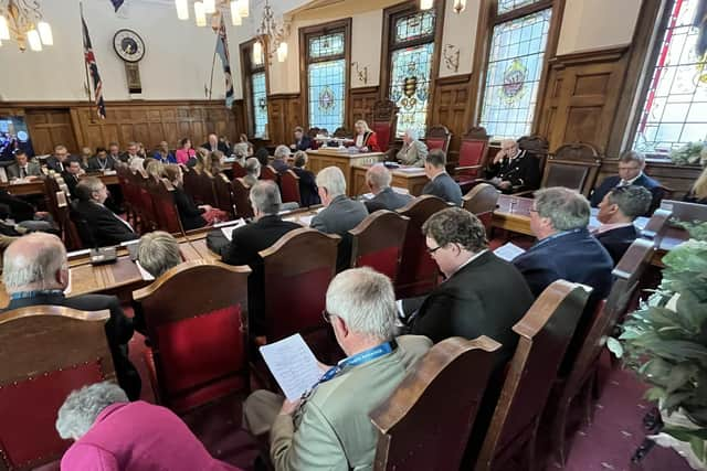 Assembled members in the chamber of Boston Borough Council.