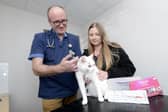 Richard Larkin, Eastfield Vets clinical director, microchipping a cat, assisted by Amy Appleton. Photo: Eastfield Vets