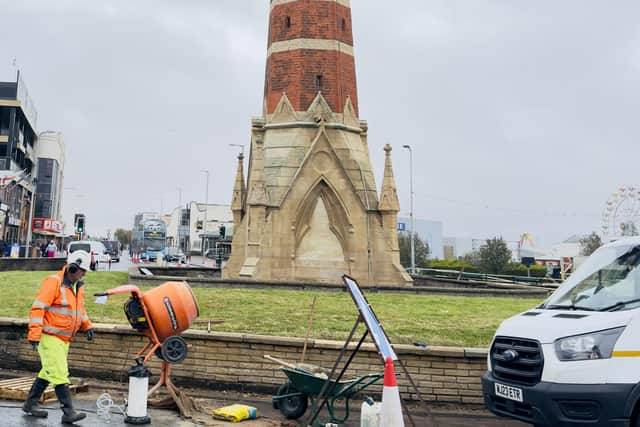 Work is underway to repair the Clock Tower wall ahread on the Remembrance poppy display.