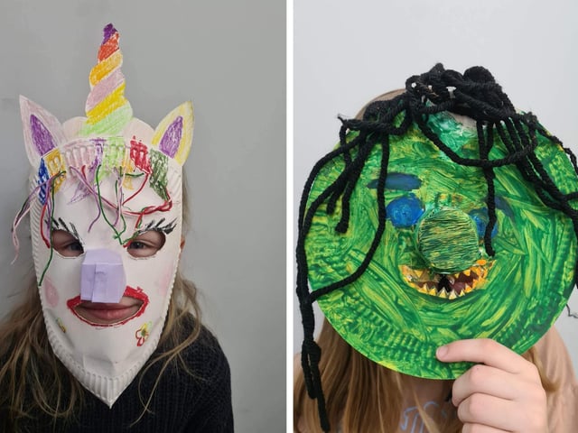Two of the masks made by Lithuanian children in Boston for the upcoming festival.