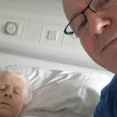 Joyce Wright pictured in Pilgrim Hospital, Boston, with her son Andy.