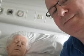 Joyce Wright pictured in Pilgrim Hospital, Boston, with her son Andy.