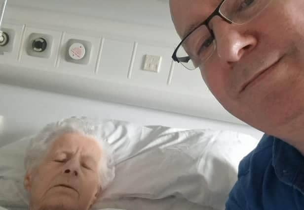 Joyce Wright pictured in Pilgrim Hospital, Boston, with her son Andy.