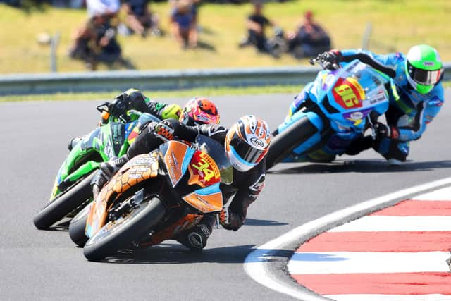 Aaron Silvester leads into a corner at Donington Park. Photo by MotoAero Photography.