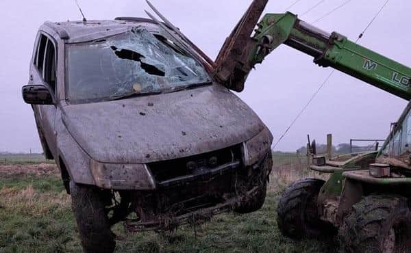 The wrecked 4x4 that crashed into a drain. Photo: Lincs Police
