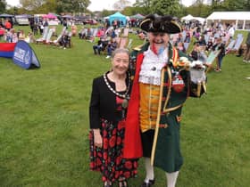 Mayor of Sleaford Coun Linda Edwards-Shea and Town Crier John Griffiths open the King's Coronation event in Sleaford.
