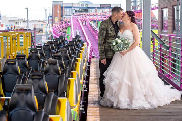 Leanne Smith, 33, and Lee Churchill, 39  had the b-ride of their lives when they married at fantasy Island in Skegness.