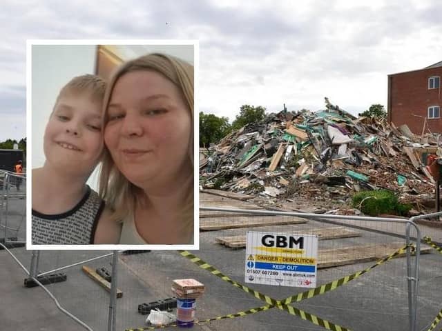 Inset: Anna and her two sons 'lost everything' in the flats fire in Boston on July 19. Main image: The block of flats after it was demolished.