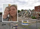 Inset: Anna and her two sons 'lost everything' in the flats fire in Boston on July 19. Main image: The block of flats after it was demolished.