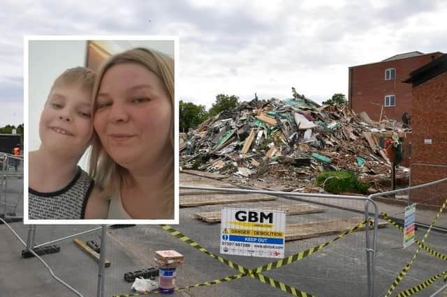 Inset: Anna and her two sons 'lost everything' in the flats fire in Boston on July 19. Main image: The block of flats after it was demolished.