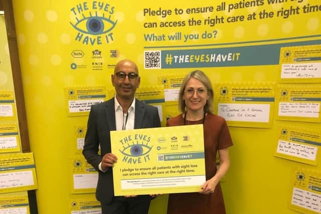 Tushar Majithia of Lunettes with Tori Griffiths of Roche.
