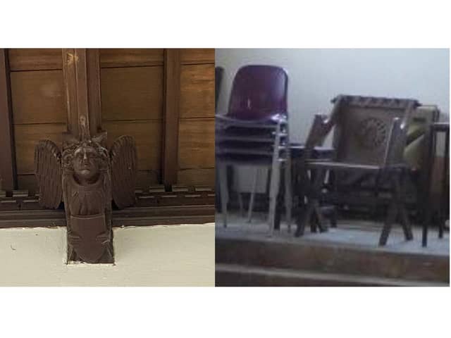 Angels similar to this, but without wings, and  wooden priest's chairs have been stolen