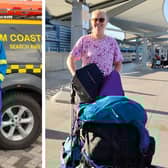 Joanne, pictured in her role as a volunteer Coastguard rescue officer, and pictured, right, at Heathrow Airport.