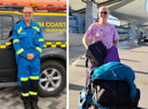 Joanne, pictured in her role as a volunteer Coastguard rescue officer, and pictured, right, at Heathrow Airport.