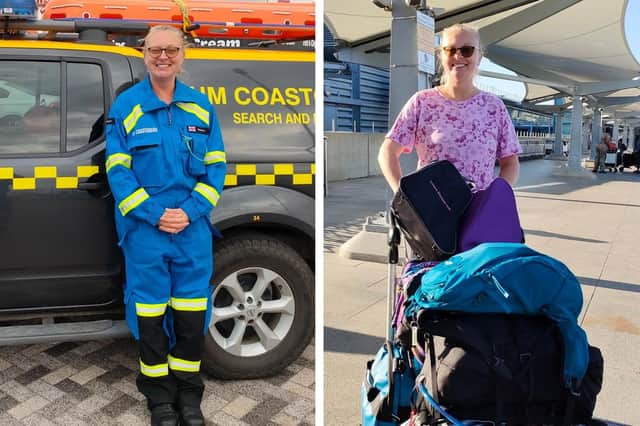 Joanne, pictured in her role as a volunteer Coastguard rescue officer, and pictured, right, at Heathrow Airport.