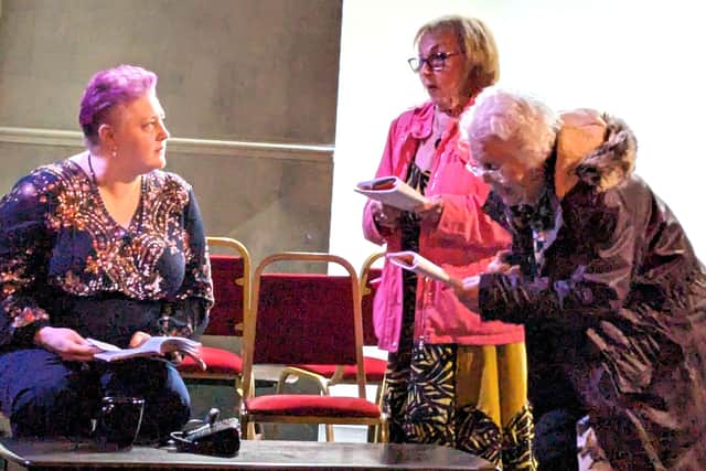 Sian Rees, Mary Scott and Ruth Andrews in rehearsal as the three ex-Mrs Sullivans