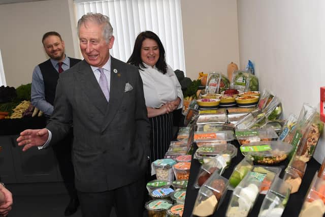The Prince of Wales visiting Freshtime UK, Boston, and hearing about the company's plans for recyclable and alternative packaging.