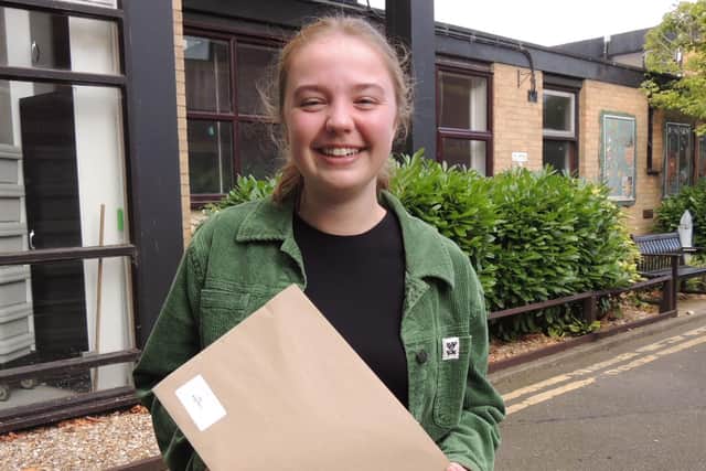 Excited Lucy Croft from Navenby, with her results at Kesteven and Sleaford High School.