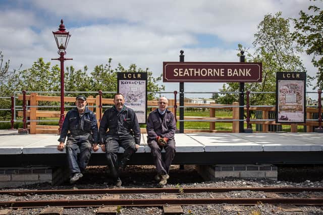 Three of the volunteers working on completion of Seathorne Bank take a breather – l-r, Brian Coldwell, Andy Stevens, Geoff Hankin; Photo Dave Enefer/LCLR.