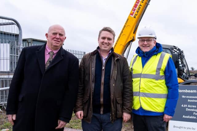 Councillors Colin Davie, Tom Dyer and William Gray, of Lincolnshire County Council, on site as work begins on the creation of Hornbeam Business Park in Horncastle. (PHOTO BY: Lincolnshire County Council).