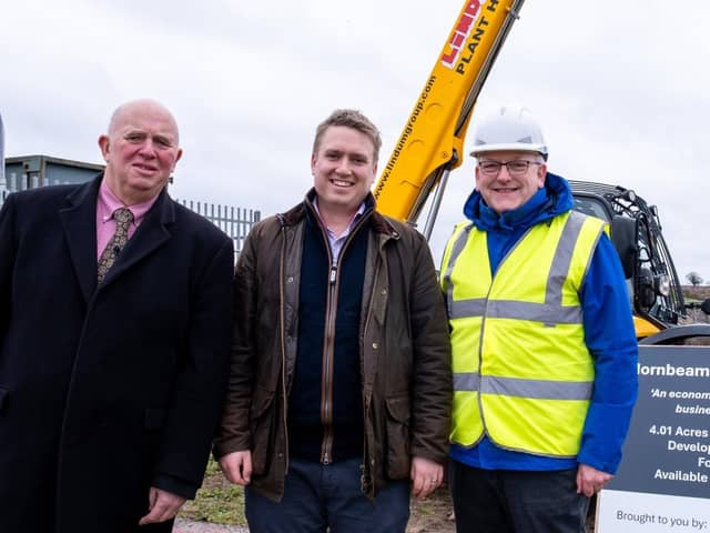 Councillors Colin Davie, Tom Dyer and William Gray, of Lincolnshire County Council, on site as work begins on the creation of Hornbeam Business Park in Horncastle. (PHOTO BY: Lincolnshire County Council).