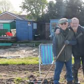 Willoughby Road Allotments, Boston. Dean Warsap 52 and Alan "Marrow" Vause, 86. "Alan comes to the site from the other side of town on his mobility scooter and Dean