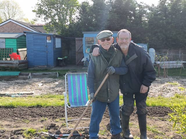 Willoughby Road Allotments, Boston. Dean Warsap 52 and Alan "Marrow" Vause, 86. "Alan comes to the site from the other side of town on his mobility scooter and Dean