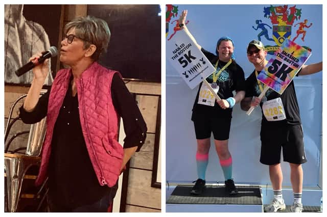LEFT: The late Lorraine Butler-Brewster (‘Doris’), enjoying some karaoke. RIGHT: Victoria and Lewis celebrating at the end of the Boston Running Festival.