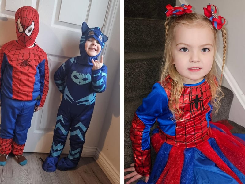 Reggie Watson, four, as Spider-man and Kobie Watson, three, as Catboy; and Amalia Kay Harness, three, also taking inspiration from Marvel Comics.