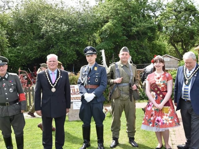 Forces line-up with the Mayor of Skegness Coun Tony Tye, Carnival Queen Summer Crane and Deputy Mayor Coun Pete Barry.