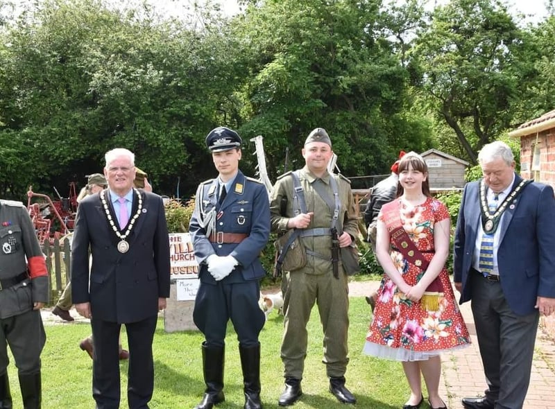Forces line-up with the Mayor of Skegness Coun Tony Tye, Carnival Queen Summer Crane and Deputy Mayor Coun Pete Barry.