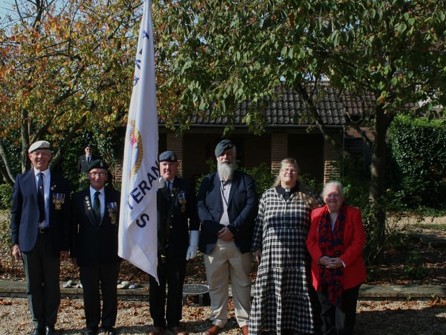 L-R Ged Robb and Keith Brazier - former service club members, club chairman and standard bearer Neil Fryer, Trev Steadman - Club Secretary, Rev Gabrielle Briton-Voss and Josephine Jackson, a member by virtue of having two sons who have served in the RAF.