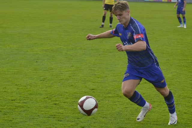 Joel Holvey in action against Guiseley. Photo: Rob Hughes.