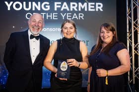 Poppy Jones with awards host Simon Evans and Jennifer Lock of Boehringer Ingelheim